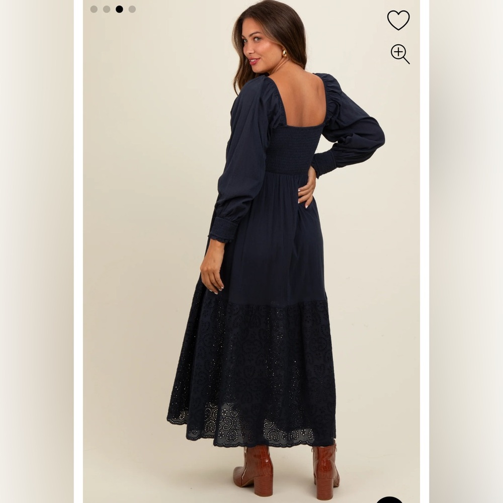 Navy Blue Smocked Eyelet Lace Hem Maternity Maxi Dress - Picture 2 of 4